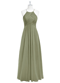 Azazie Ginger At-home Try On Dresses Dusty Sage A-Line Halter Pleated Chiffon Dress image6