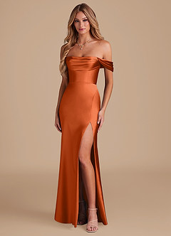 Azazie Saige Bridesmaid Dresses Burnt Orange A-Line Off the Shoulder Metallic Satin Convertible Dress image1