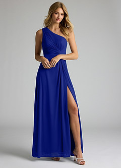 Azazie Brooke Bridesmaid Dresses Royal Blue A-Line One Shoulder Mesh Dress image1
