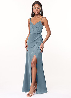 Azazie Maci Brautjungfernkleider A-Linie V-Hals Gefaltet Stretch-Satin Kleid Staubblau image3
