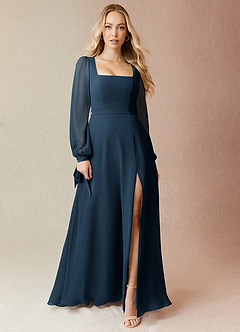 Azazie Leonia Robes de demoiselle d'honneur Robe Trapèze en Mousseline de soie Manches longues Bleu Marine Foncé image7