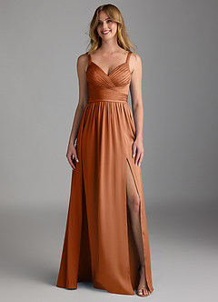 Azazie Chanel Final Sale Copper A-Line Pleated Stretch Satin Dress image5