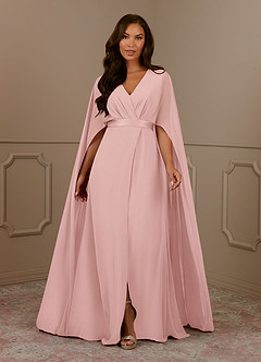 Azazie Isa Mère de la mariée Robes Robe Trapèze en Mousseline de soie Col V plissé Rose Poudré image1