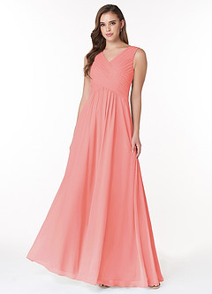 Azazie Flora Brautjungfernkleider A-Linie Plissee Chiffon Kleid Koralle image1