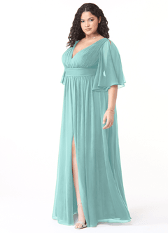 Azazie Temeka Bridesmaid Dresses Aqua A-Line Ruched Chiffon Dress image8