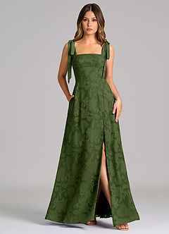 Azazie Debra Bridesmaid Dresses Olive A-Line with Pockets Floral Burnout Dress image1