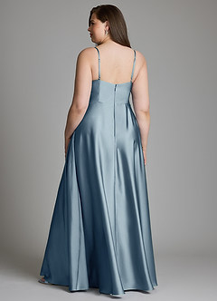 Azazie Amani At-home Try On Dresses Dusty Blue A-Line Pleated Stretch Satin Dress image7
