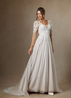 Azazie Essy Wedding Dresses Diamond White A-Line V-Neck Sequins Tulle Dress image9