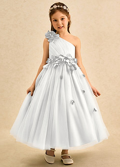 Azazie Strudel vestidos de niña de las flores Vestido de Blanco de Tul de Corte Princesa con Hombro unilateral image3