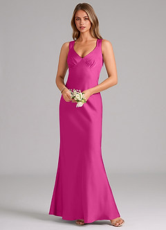 Azazie Kamila Bridesmaid Dresses Fuchsia A-Line Pleated Stretch Satin Dress image4