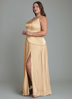 Azazie Stephanie Robes de demoiselle d'honneur Robe Trapèze en Satin extensible Plissé Champagne image10