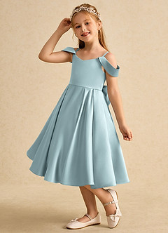 Azazie Favia Flower Girl Dresses Mist A-Line Off the Shoulder Matte Satin Dress image6