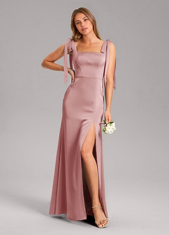 Azazie Frostine Robes de demoiselle d'honneur Robe Trapèze en Satin extensible Arc Rose Poussiéreuse image1