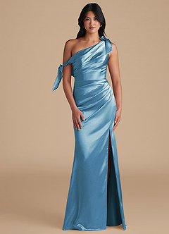 Azazie Xyla Bridesmaid Dresses Steel Blue Sheath Off the Shoulder Metallic Satin Convertible Dress image1