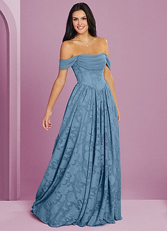 Barbie ♥ Azazie Robes de demoiselle d'honneur Robe Trapèze Convertible en Blumen-Burnout Épaule décolletée Acier Bleuté image5