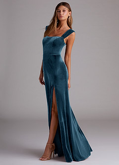 Azazie Junia Vestidos de damas de honor Vestido de Topacio Azul de terciopelo de Corte Recto Convertible con Vestidos sin tirantes image5