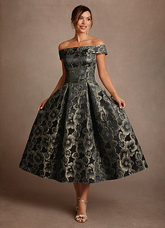 Azazie Centralia Mère de la mariée Robes Robe Trapèze en Jacquard Floral Épaule décolletée Jacquard Or Noir image4