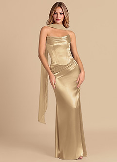 Azazie Sorrel Bridesmaid Dresses Champagne Mermaid Corset Metallic Satin Convertible Dress image3