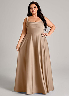 Azazie Shaude Bridesmaid Dresses Taupe A-Line Pleated Stretch Satin Dress image12
