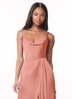 Azazie Brielle Bridesmaid Dresses Coral A-Line Cowl Spaghetti Straps Stretch Satin Dress image4