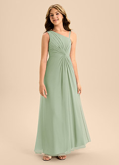 Azazie Brooke Junior Robe Trapèze en Mousseline de soie Fente Latérale Vert Sauge image5