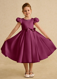 Azazie Pearl Flower Girl Dresses Mulberry Ball-Gown Pleated Matte Satin Dress image4