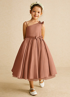 Azazie Lollipop Flower Girl Dresses Bronzer A-Line One Shoulder Matte Satin Dress image2
