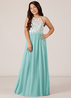 Azazie Fahari Junior Aqua A-Line Lace Chiffon Dress image2