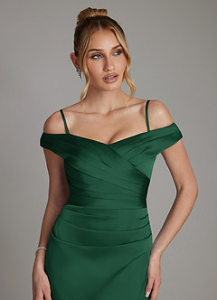 Azazie Teyana Bridesmaid Dresses Dark Green Sheath Off the Shoulder Stretch Satin Dress image3