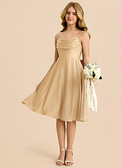 Azazie Bear Junior Robe Trapèze en Satin extensible Encolure en Forme de Cœur Or image4