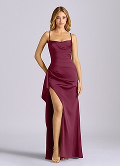 Azazie Sarai Brautjungfernkleider Etui Korsett Stretch-Satin Kleid Maulbeerrot image1