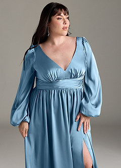 Azazie Norah Bridesmaid Dresses Steel Blue A-Line Stretch Satin Dress image12