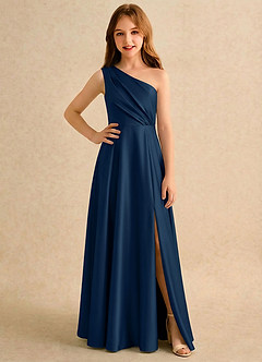 Azazie Puddles Girls Formal Blumenmädchenkleider A-Linie One-Shoulder Stretch-Satin Kleid Dunkelmarine image1
