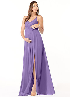 Azazie Annabelle Maternity Bridesmaid Dresses A-Line V-Neck Pleated Mesh Floor-Length Dress image1