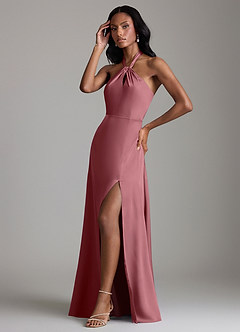 Azazie Tracie Bridesmaid Dresses Desert Rose A-Line Side Slit Stretch Satin Dress image4