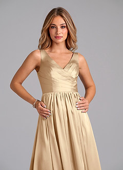 Azazie Keyla Robes de demoiselle d'honneur Robe Trapèze en Satin extensible Plissée Champagne image3
