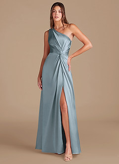 Azazie Brooke Bridesmaid Dresses Dusty Blue A-Line One Shoulder Metallic Satin Dress image1