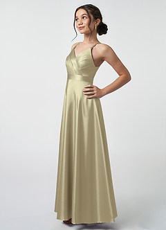 Azazie Avelina Junior Moss Green A-Line Pleated Metallic Satin Dress image3