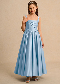 Azazie Mochi Girls Formal Vestidos de florista Vestido Pó Azul de Cetim fosco de Vestido de baile com Plissado image5