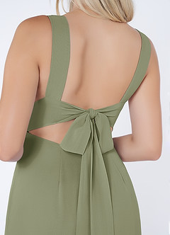 Azazie Christiana At-home Try On Dresses Dusty Blue A-Line V-Neck Pleated Chiffon Dress image6