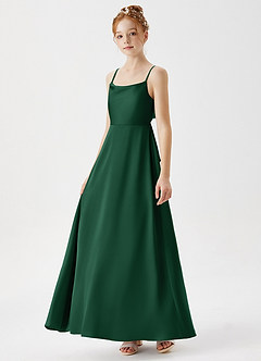 Azazie Shale Junior Robe Trapèze en Satin extensible Vert Foncé image2