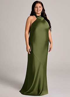 Azazie Velli Jurken voor bruidsmeisjes Jurk van Stretch Satijn met Zeemeermin Hoge Kraag Olijf image11