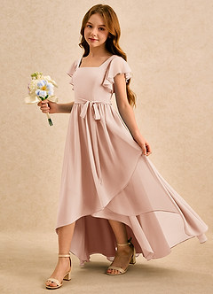 Azazie Milly Girls Formal 플라워 걸 드레스 A라인 플리츠 쉬폰 비대칭 드레스 image6