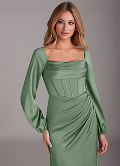 Azazie Charissa Bridesmaid Dresses Matcha Sheath Long Sleeve Stretch Satin Dress image7