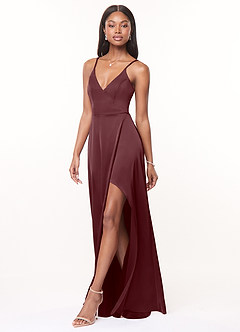 Azazie Maksim Bridesmaid Dresses Sangria A-Line V-Neck Stretch Satin Dress image4