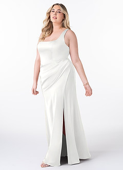 Azazie Mero Vestidos de madrinha de casamento Vestido Branco de Cetim elástico de sereia com Plissado image7