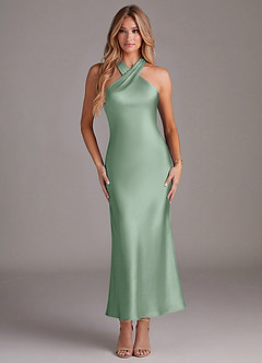 Azazie Doretta 신부 들러리 드레스 인어 주름진 스트레치 새틴 발목 길이 드레스 image1