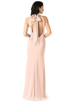 Azazie x Delaney Bridesmaid Dresses Blushing Pink Sheath High Neck Stretch Satin Dress image4