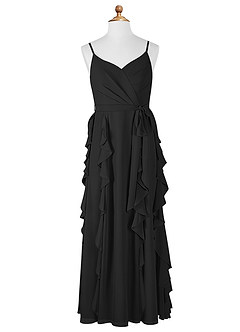 Azazie Peyton Vestido de Negro de Gasa/ Chiffon de Acampanado con Volantes en cascada Cuello en V image6