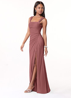 Azazie Jesaphine Robes de demoiselle d'honneur Robe Fourreau en Maille Ruché Rose Du Désert image4